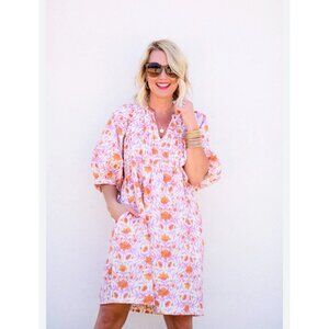 100% Cotton Babydoll Orange Cream Floral Boho Dress Puff Sleeves Women L Cottage